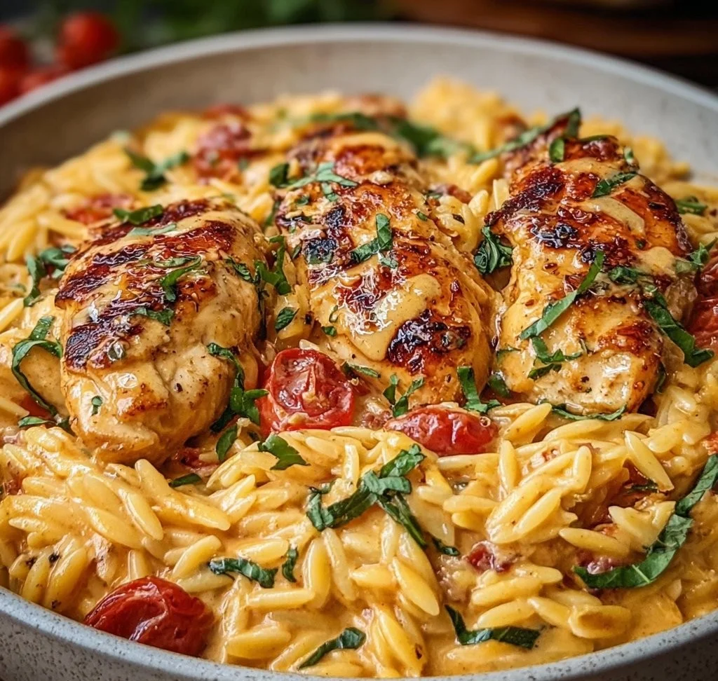 Delicious creamy Tuscan Chicken Orzo served in a bowl for a quick Italian meal.