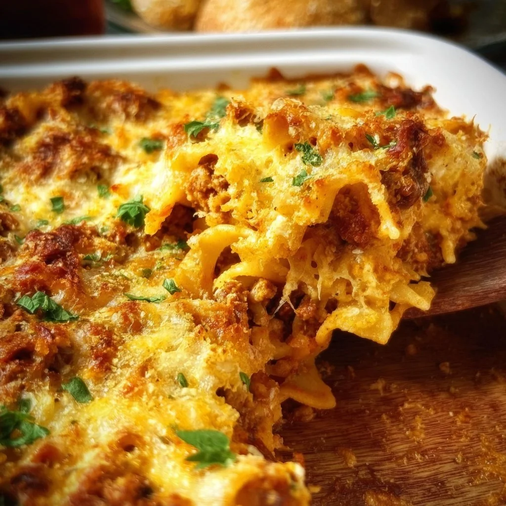 Italian noodle casserole served in a baking dish with cheese and herbs