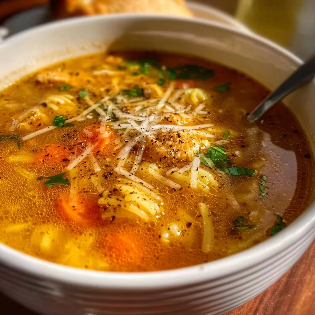 Bowl of Italian Penicillin Soup garnished with herbs and spices