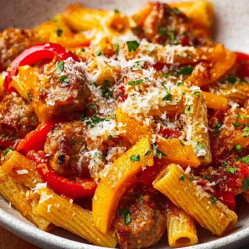 Plate of Italian sausage and peppers pasta garnished with fresh basil
