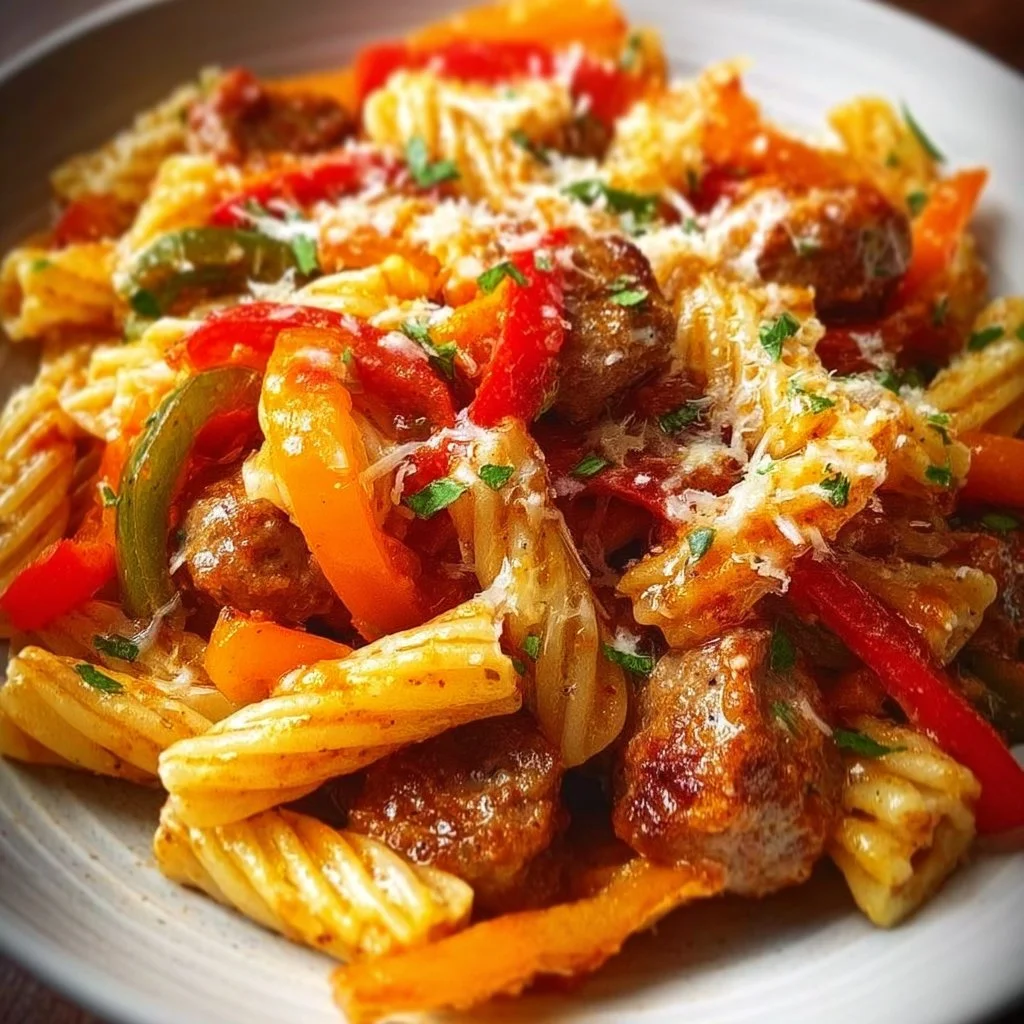 Delicious plate of Italian Sausage and Peppers Pasta with fresh vegetables