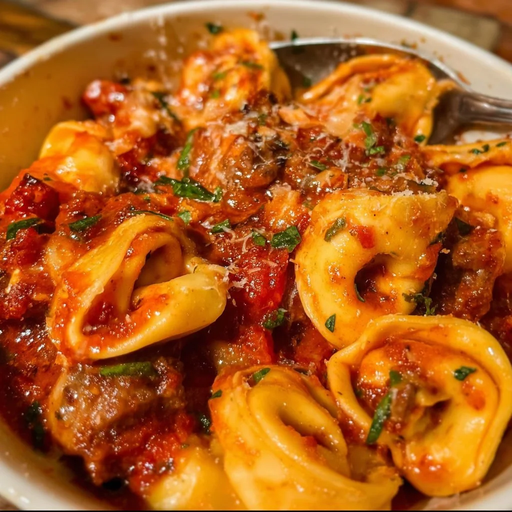 Delicious bowl of Italian Sausage Tortellini with herbs and parmesan