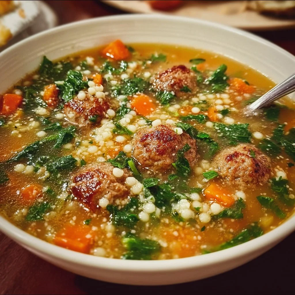 A bowl of Italian Wedding Soup with meatballs, greens, and broth
