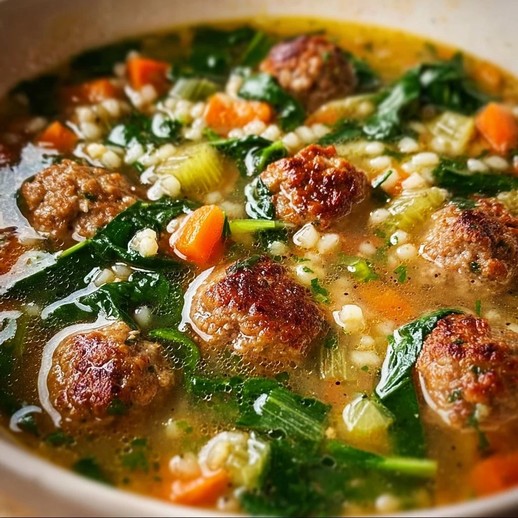 Delicious bowl of Italian Wedding Soup with meatballs and greens.