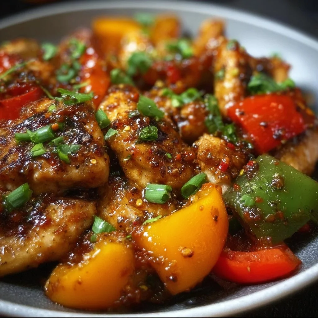 Jalapeño Chicken with Bell Peppers on a plate garnished with herbs