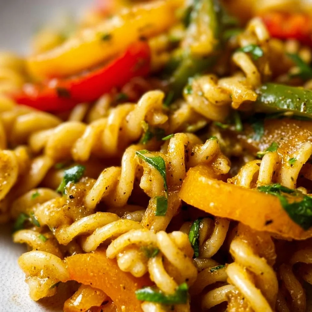 Delicious Jamaican Rasta Pasta with colorful vegetables and spices on a plate