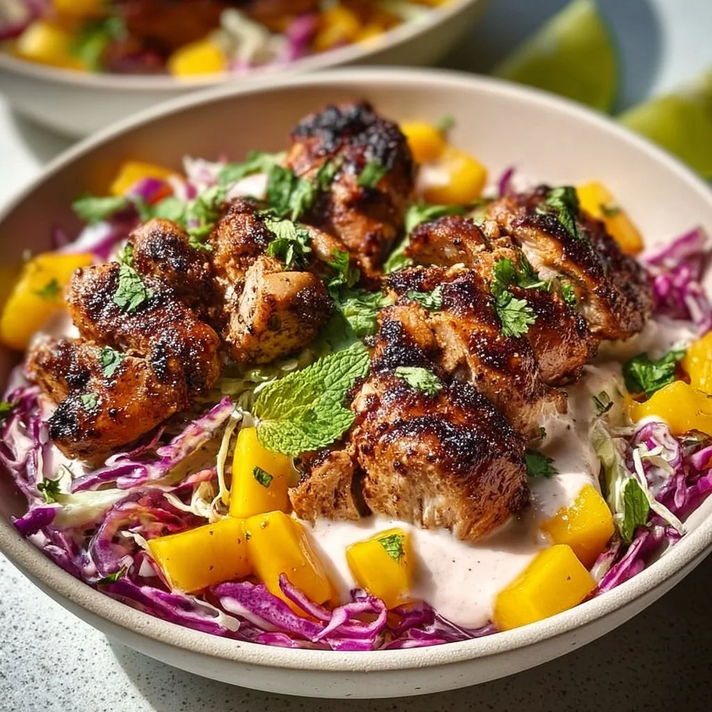 Jerk chicken bowl with mango slaw and honey lime cream on a wooden table