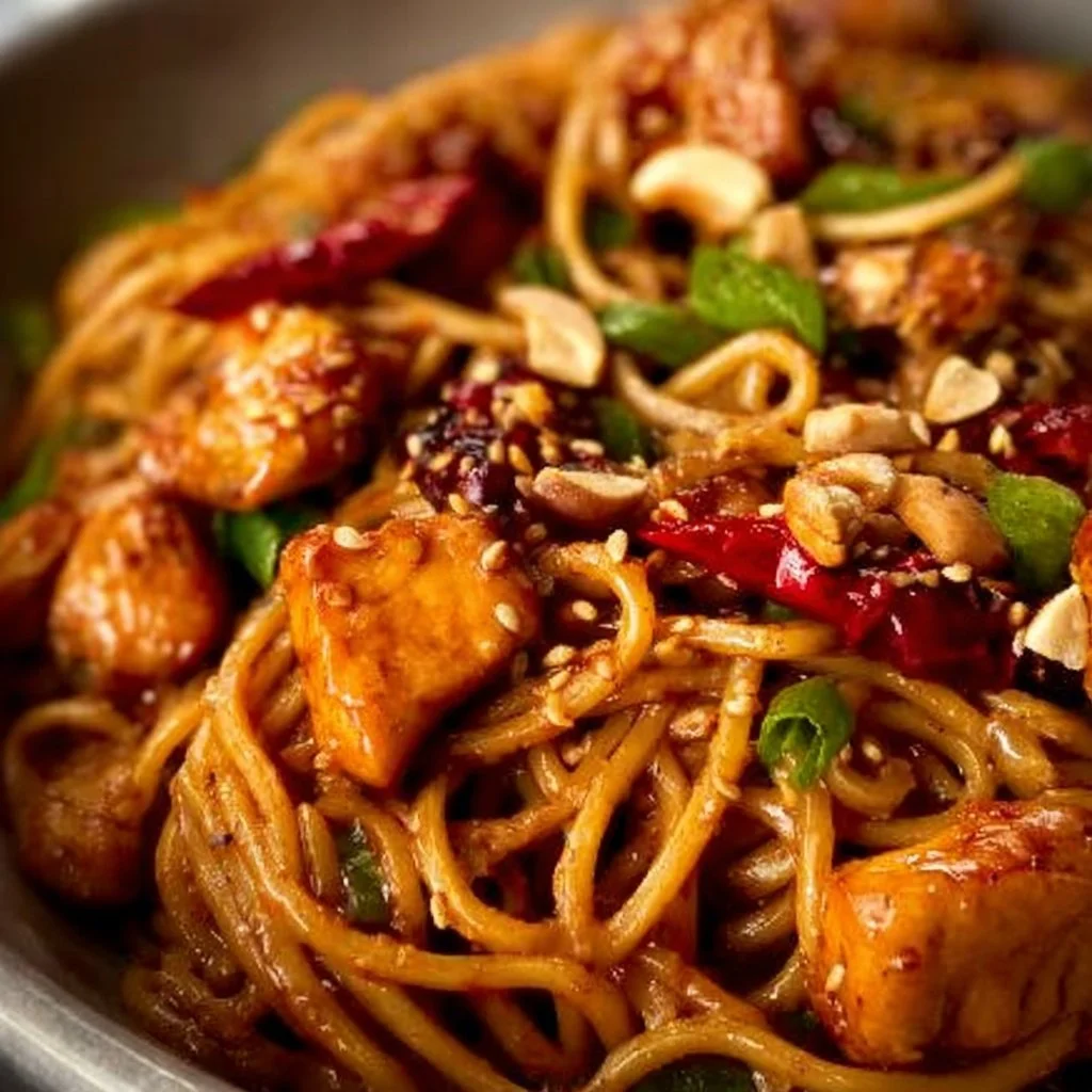 Delicious Kung Pao Chicken Noodles garnished with vegetables and peanuts