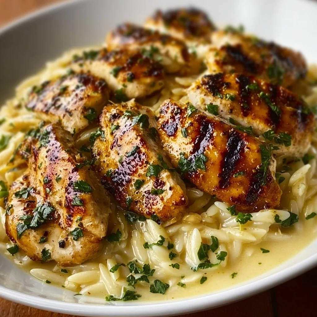 Delicious Lemon Chicken Orzo served on a plate with fresh herbs
