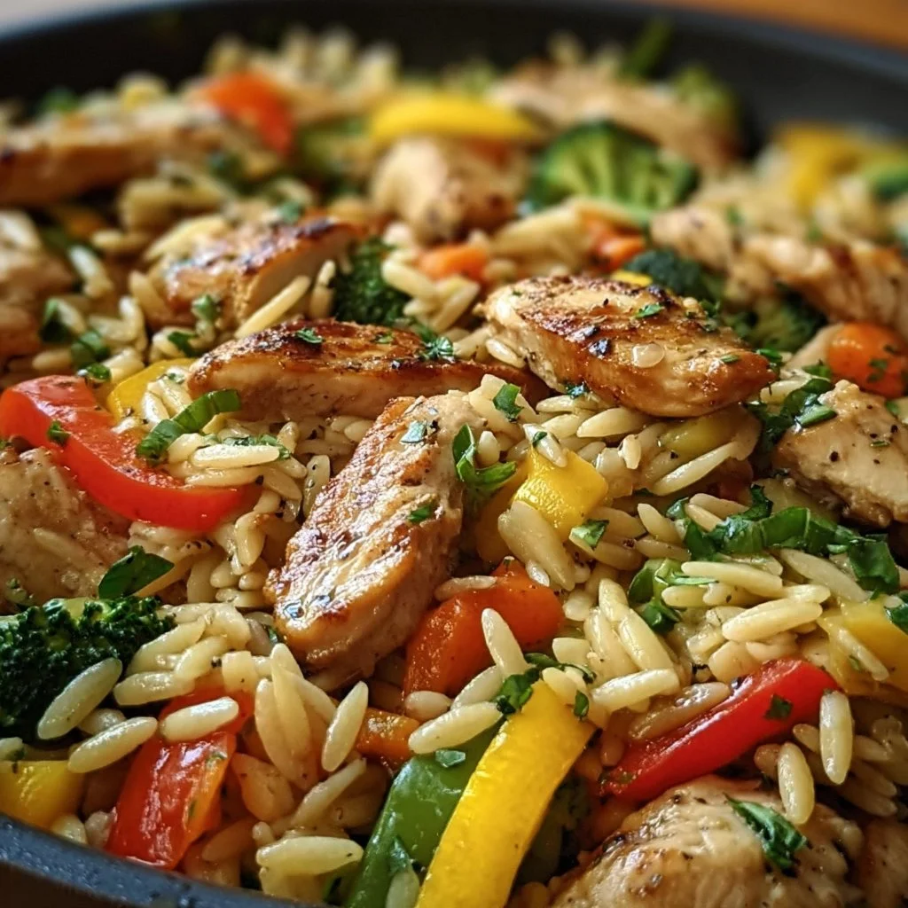 Lemon Chicken Stir Fry with vegetables and orzo served in a colorful bowl