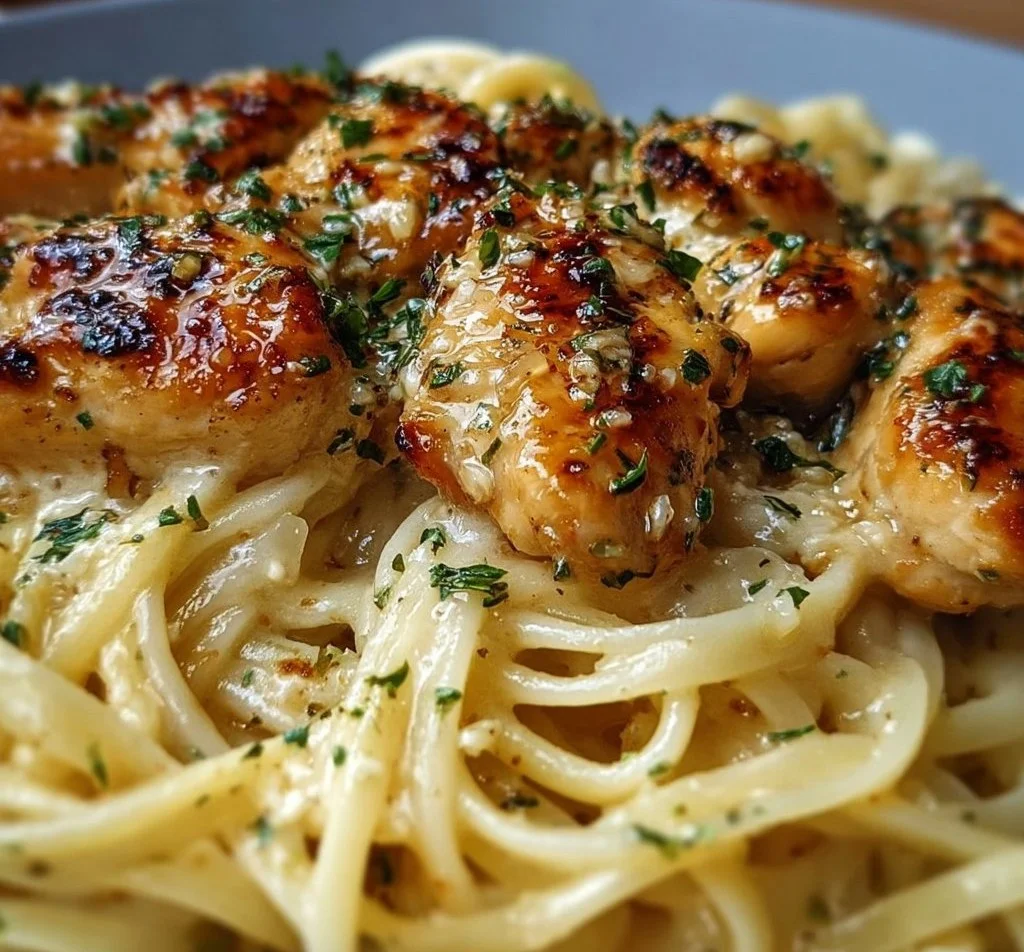 Plate of Lemon Garlic Butter Chicken with Creamy Parmesan Linguine garnished with herbs.