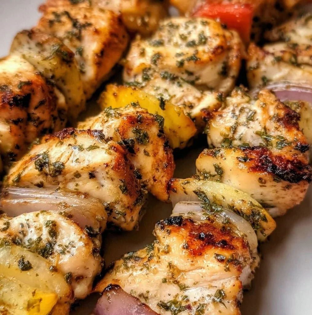 Lemon Garlic Chicken Kabobs grilled to perfection with vibrant veggies.