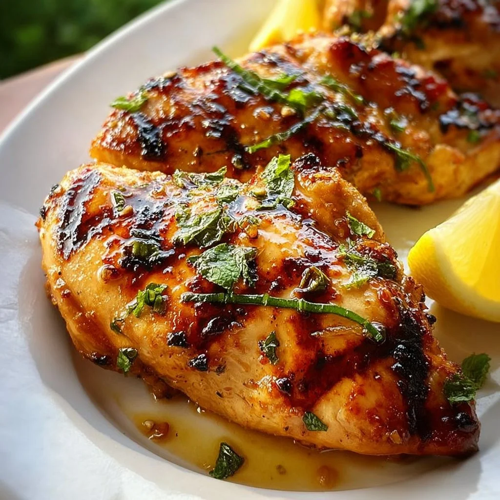 Lemon Ginger Soy Marinated Grilled Chicken served on a plate