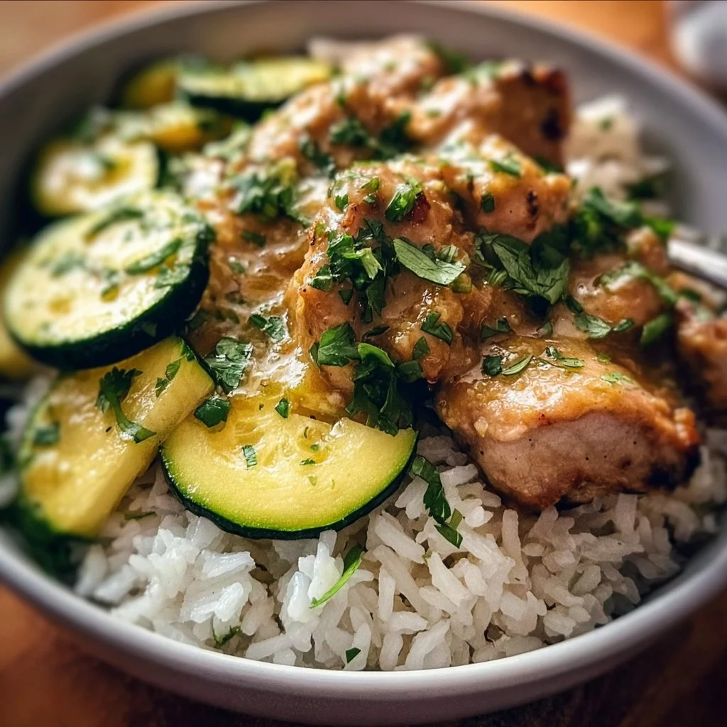 Plate of lemongrass chicken served with rice and zucchini