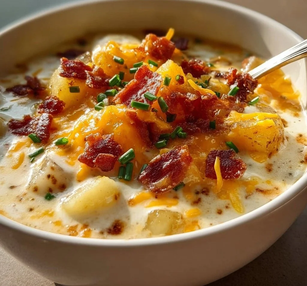 Bowl of creamy loaded baked potato soup with toppings