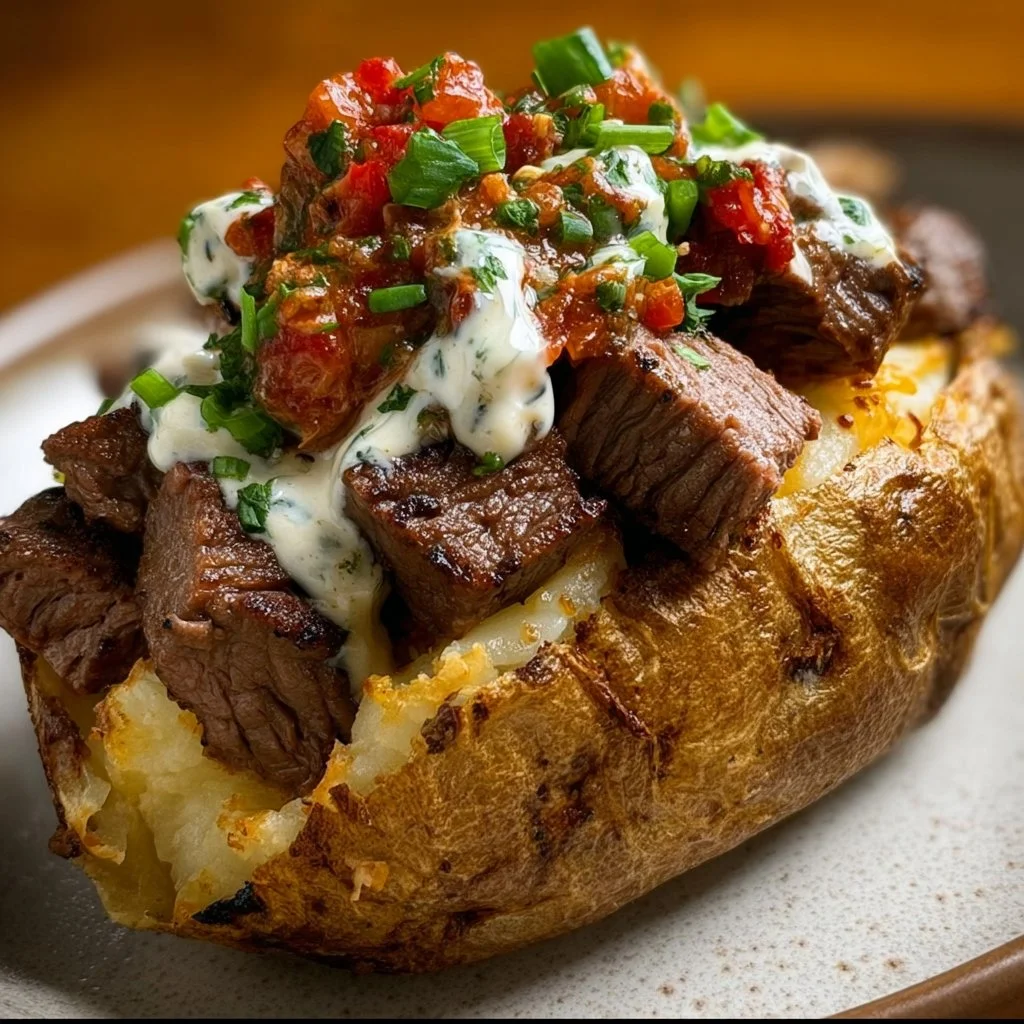 Loaded baked potato topped with steak bites, cheese, and green onions.