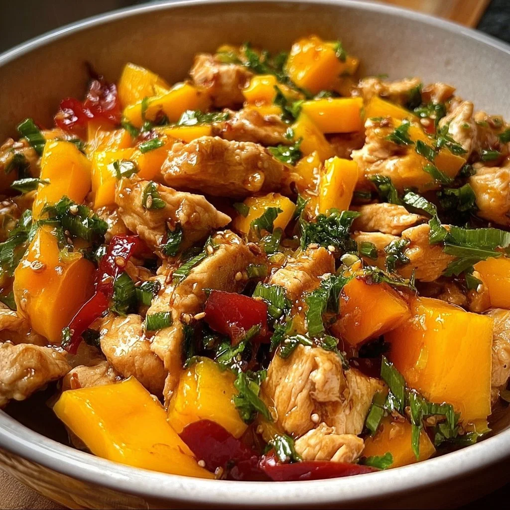 Stir fry dish featuring mango and chicken in a colorful presentation