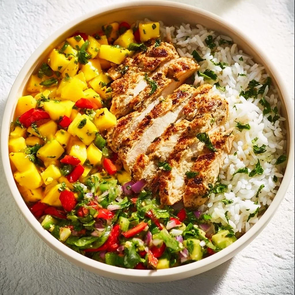 Mango salsa served with grilled chicken on a plate.