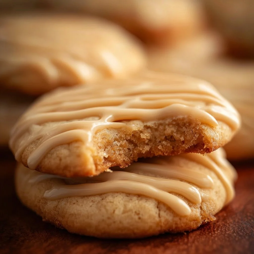 Delicious maple cookies with creamy brown butter icing on a plate