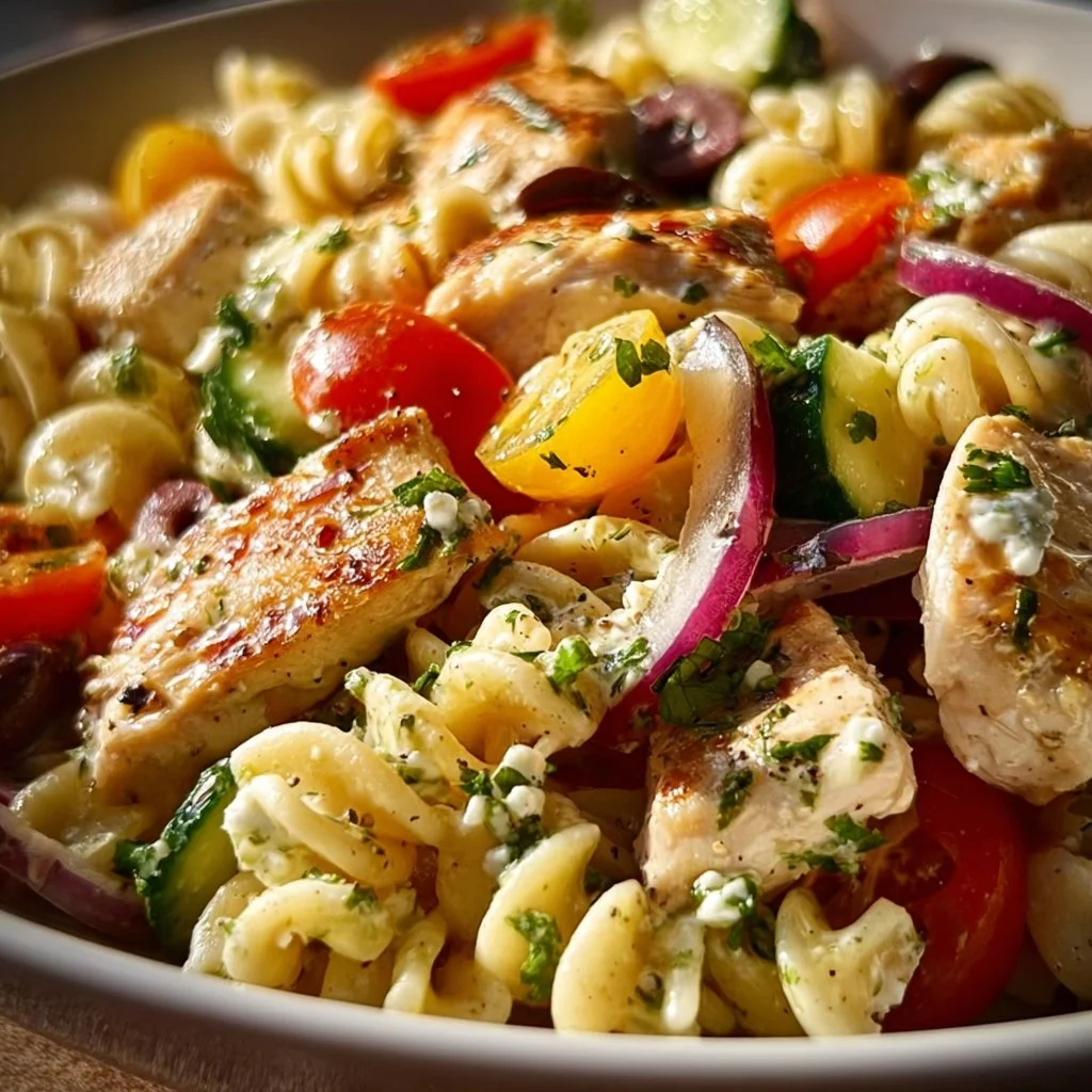 Mediterranean Chicken Pasta Salad with fresh vegetables and herbs