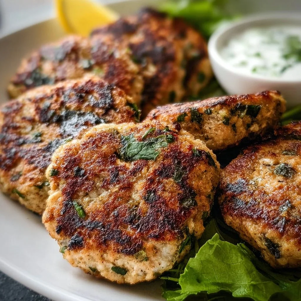 Mediterranean Chicken Patties served with fresh herbs and vegetables