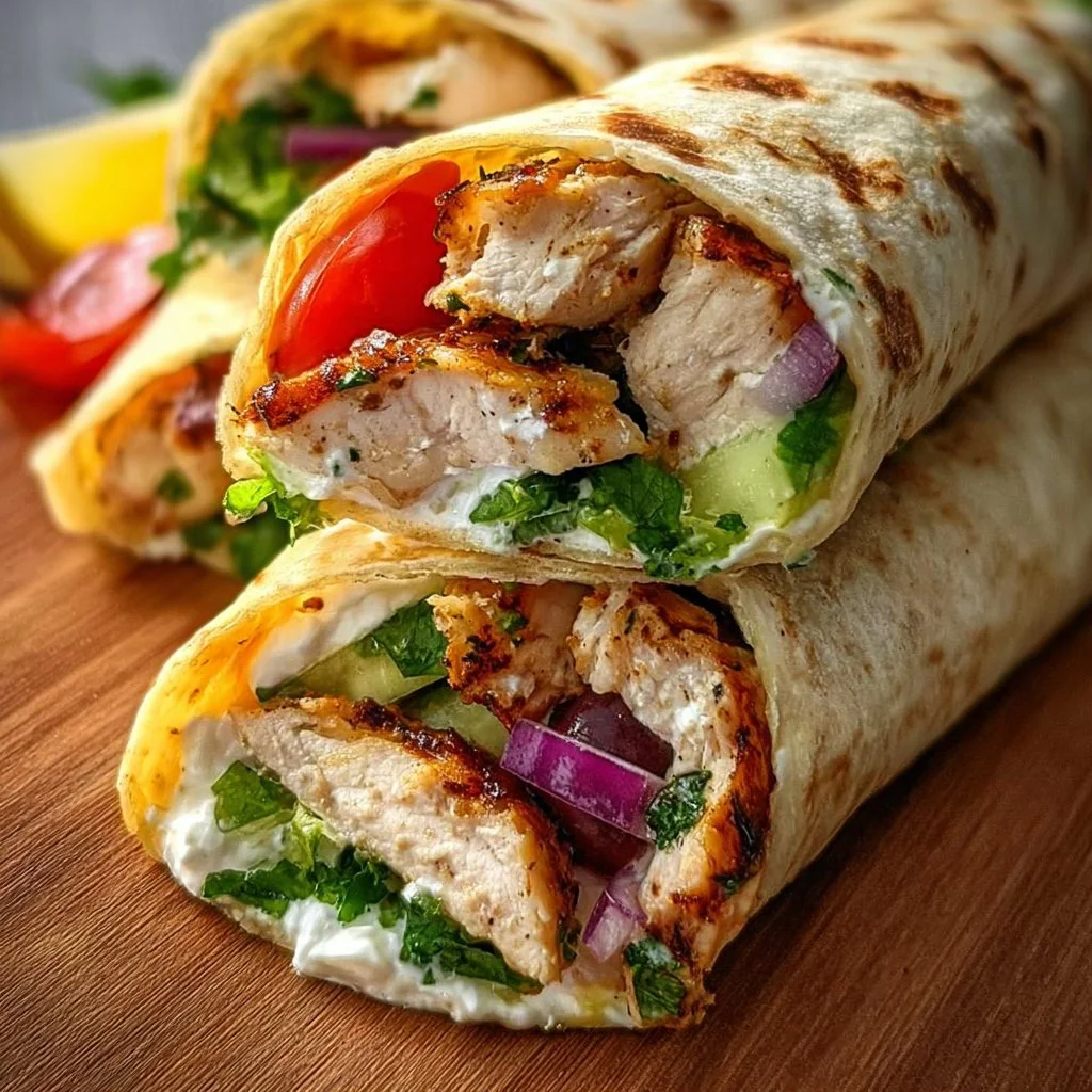 Mediterranean chicken wraps with fresh vegetables and herbs in a tortilla