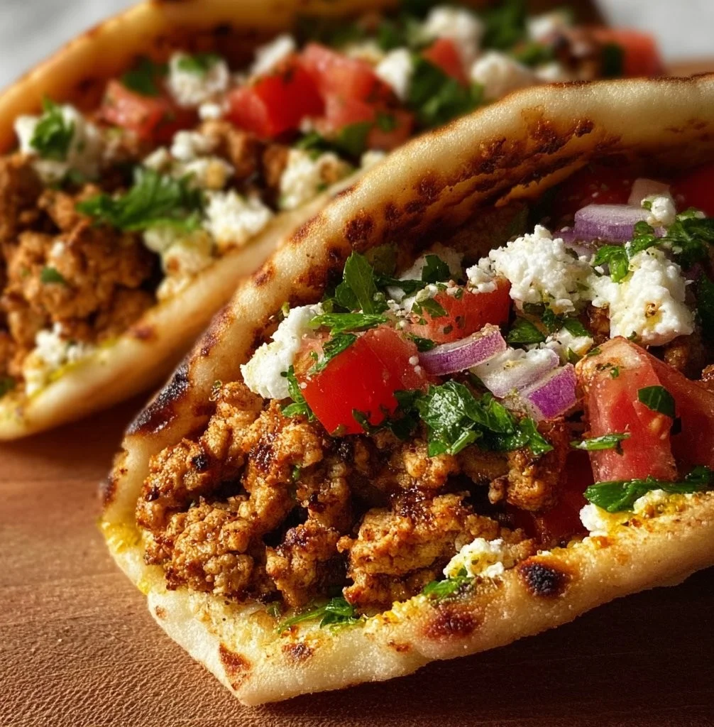 Mediterranean Ground Chicken Pitas served with fresh veggies and sauces