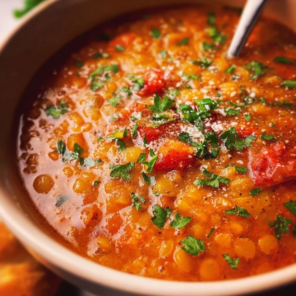 Bowl of Mediterranean Lentil Soup garnished with fresh herbs.