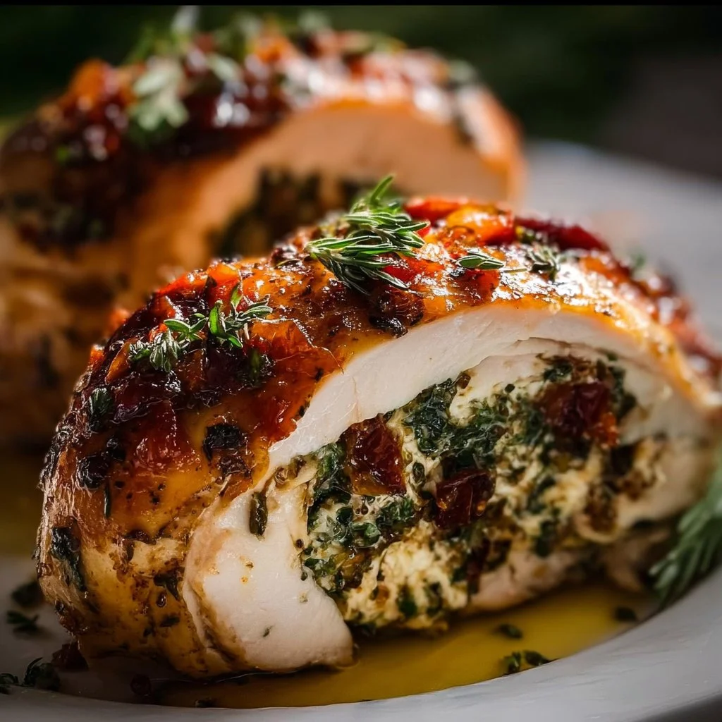 Mediterranean stuffed chicken breast topped with herbs and spices