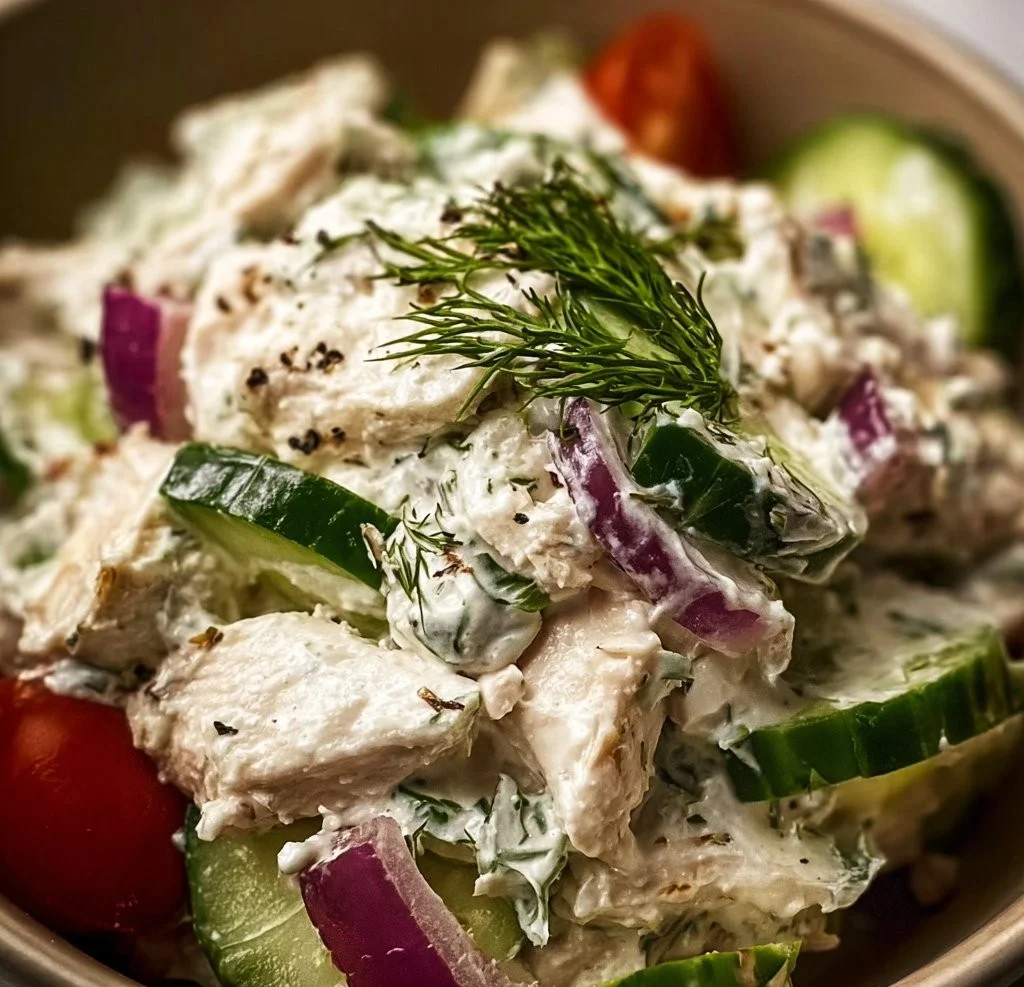 Mediterranean Tzatziki Chicken Salad served in a bowl with fresh ingredients