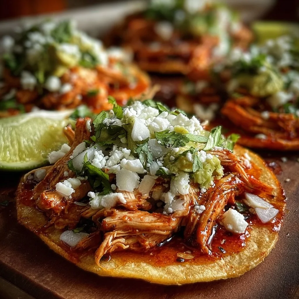 Delicious Mexican Rotisserie Chicken Tostadas topped with fresh ingredients