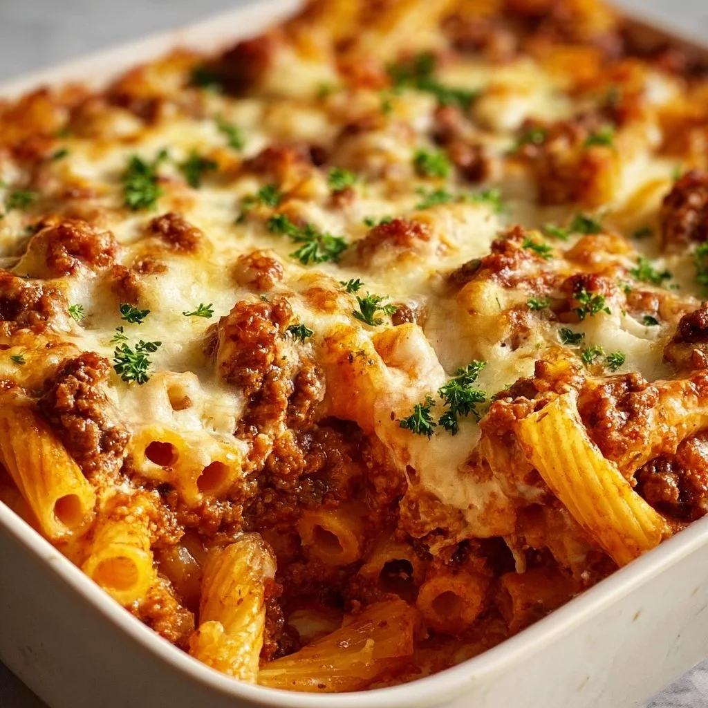 Delicious Million Dollar Baked Ziti topped with melted cheese and herbs.