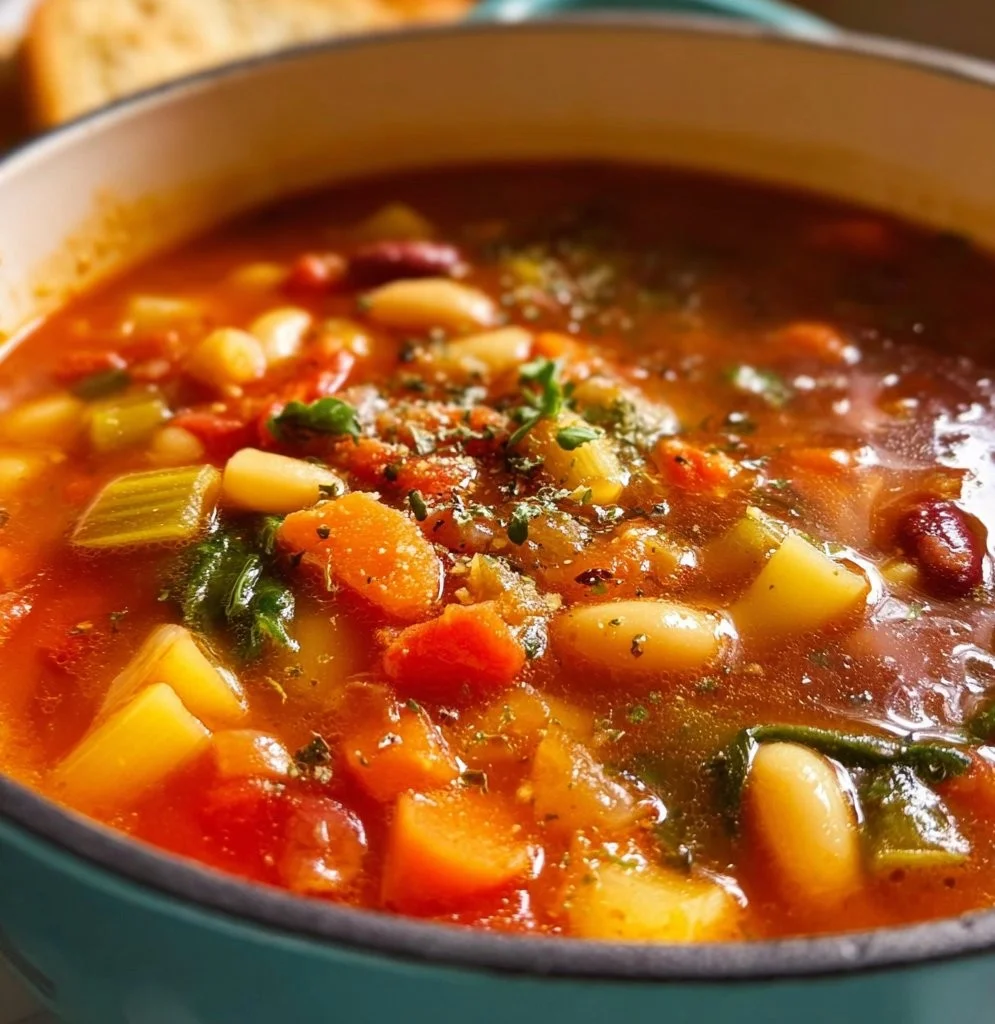 Delicious bowl of homemade minestrone soup with fresh vegetables