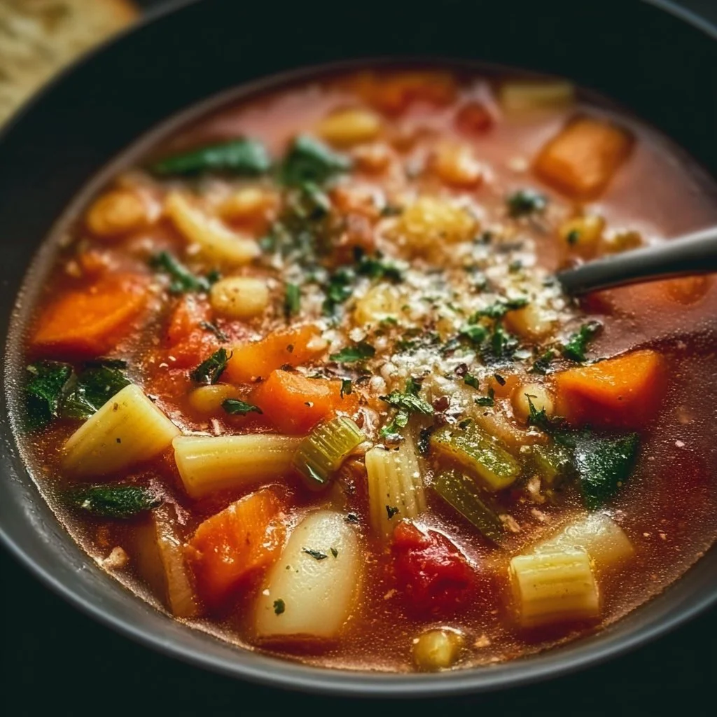 Bowl of hearty minestrone soup with colorful vegetables and fresh herbs