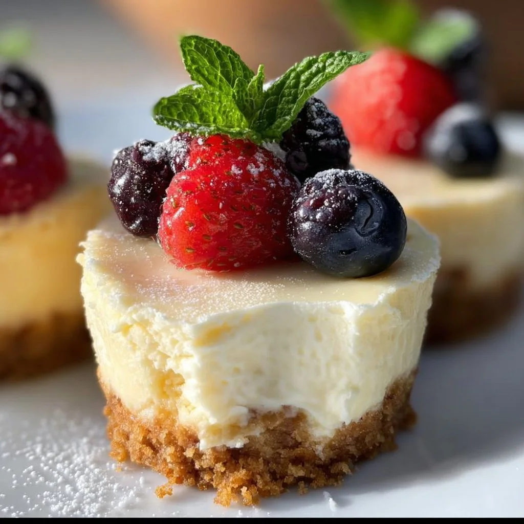 Delicious mini cheesecakes topped with fruit and chocolate in individual servings