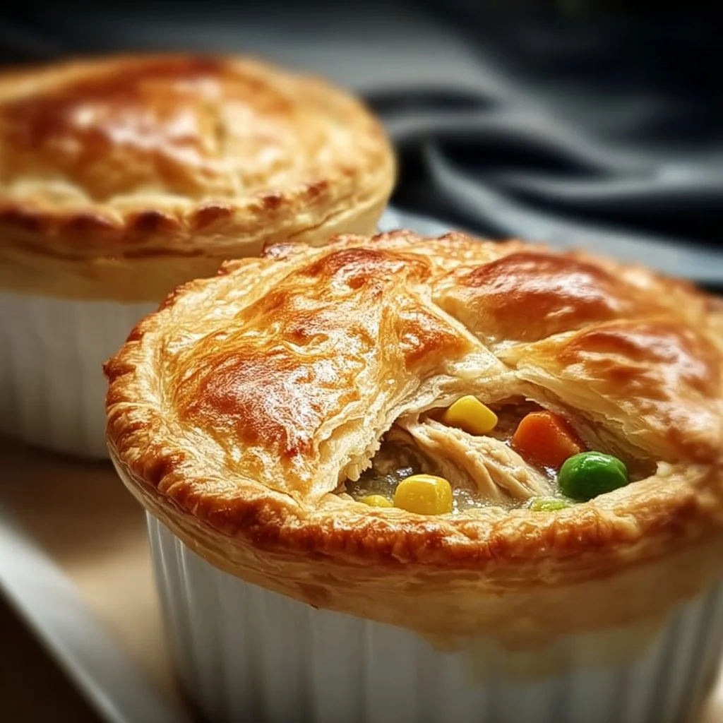 Delicious mini chicken pot pies served on a wooden board
