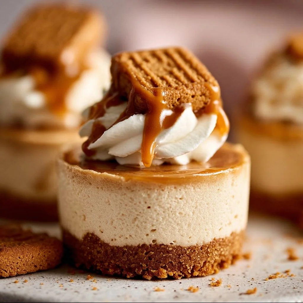 Mini No Bake Biscoff Cheesecakes topped with Biscoff spread and biscuit crumbs