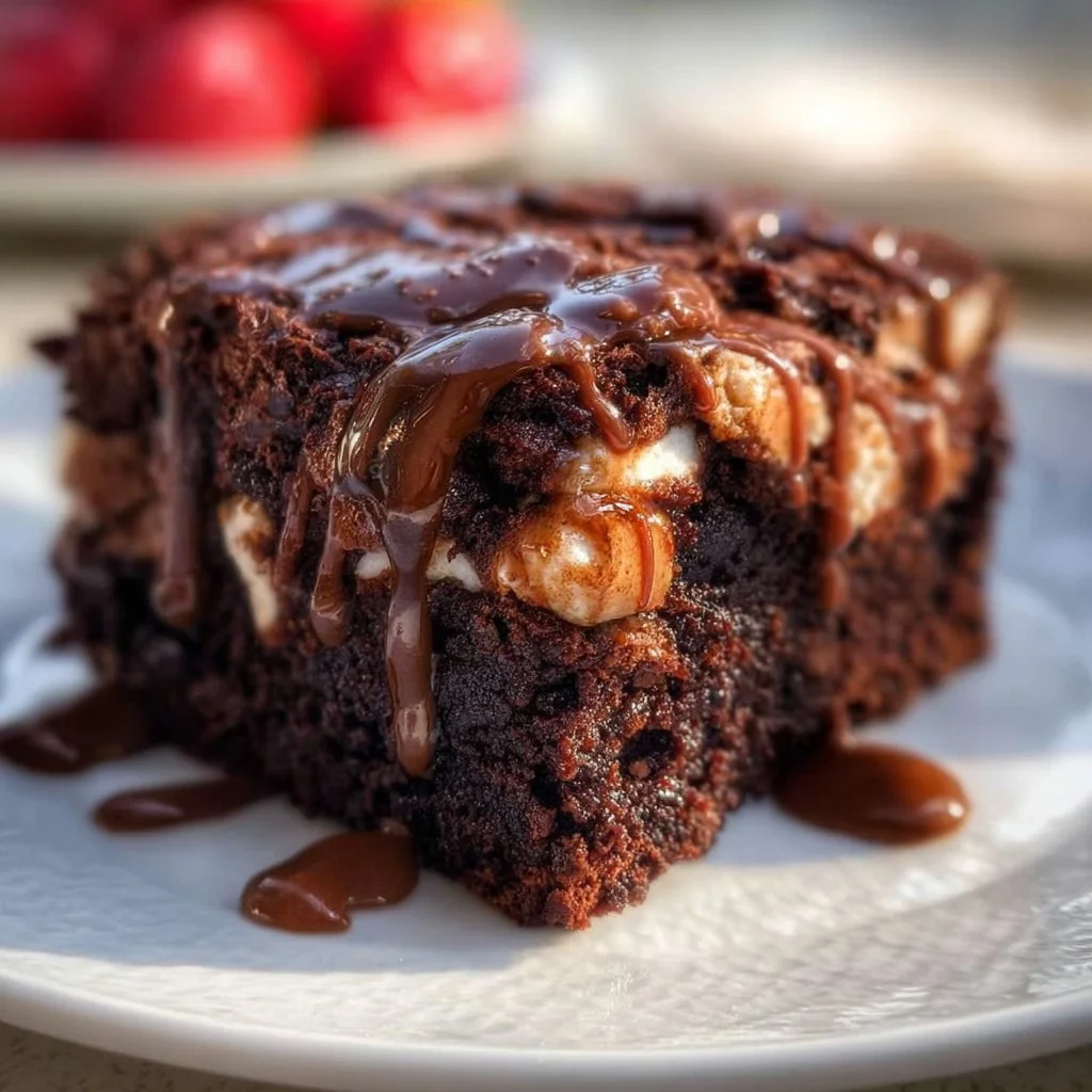 Delicious slice of Mississippi Mud Cake topped with chocolate and marshmallows