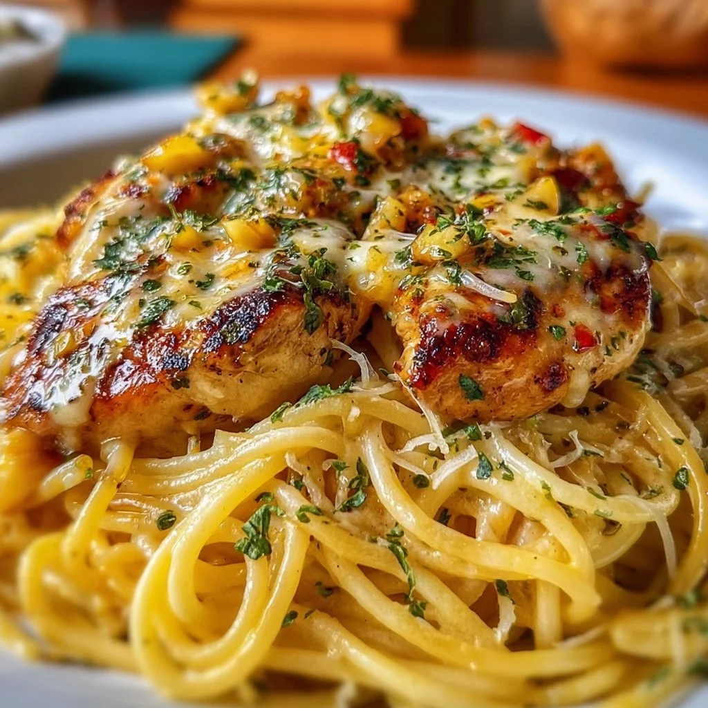 Delicious Monterey Chicken Spaghetti Pasta served in a bowl with fresh ingredients.