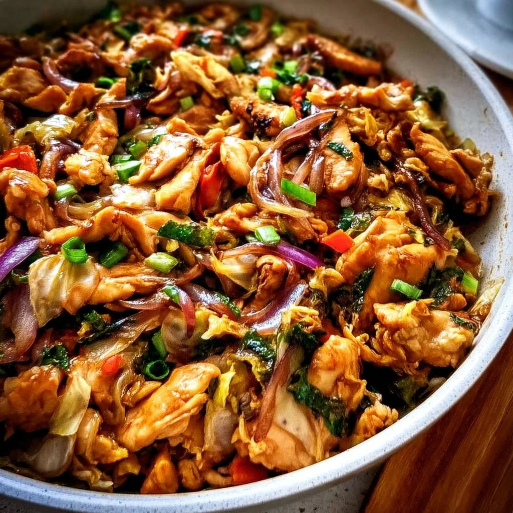 Delicious plate of Moo Shu Chicken with chicken, vegetables, and hoisin sauce.