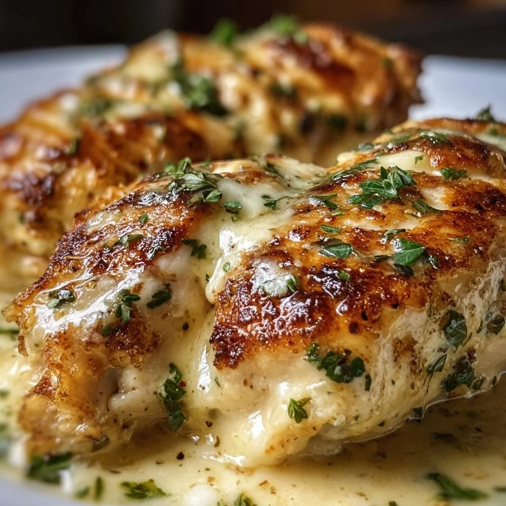 Mozzarella stuffed chicken breast with herbs and spices on a plate