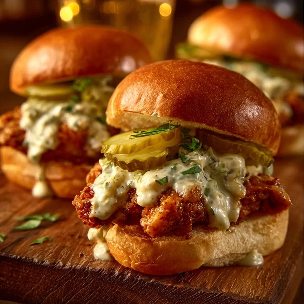 Nashville hot chicken sliders with dill pickle aioli on a plate