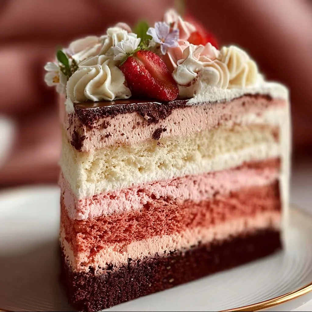 Delicious Neapolitan Cake with chocolate, vanilla, and strawberry layers