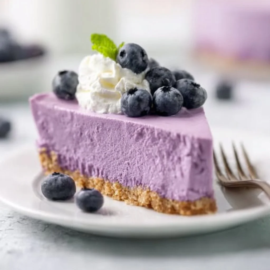 Delicious No Bake Blueberry Cheesecake topped with fresh blueberries