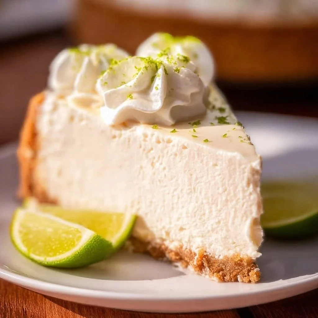 No Bake Key Lime Cheesecake with a graham cracker crust and lime zest garnish