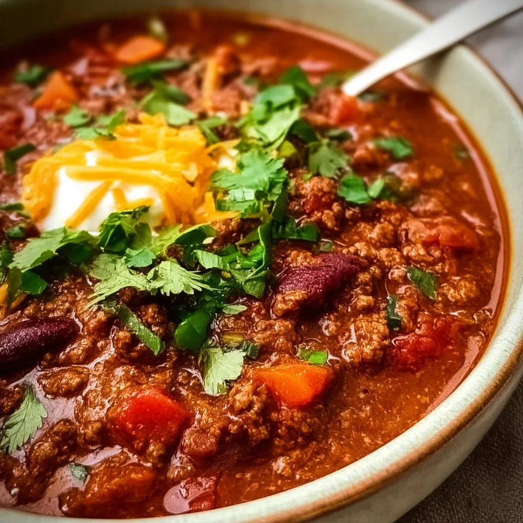 Delicious bowl of No Bean Chili topped with fresh herbs and spices
