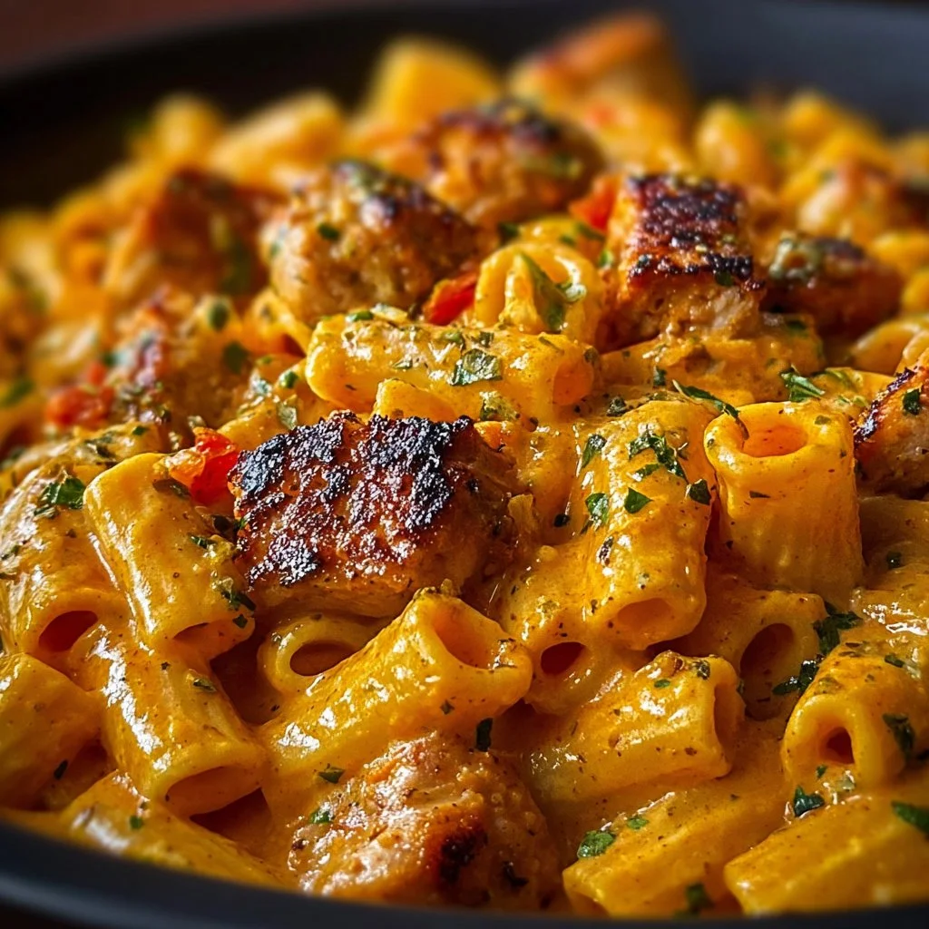 One-Pan Buffalo Ranch Chicken & Sausage Pasta dish with vibrant colors and garnishes.