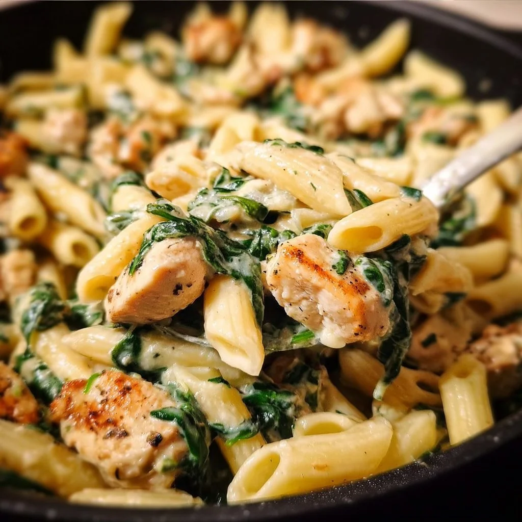 One Pan Chicken Spinach Pasta with fresh ingredients cooked in a pan.