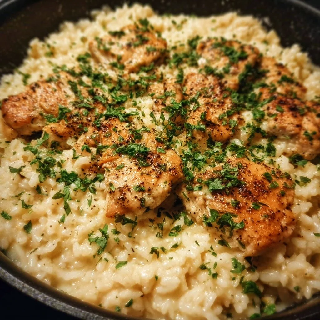 One-Pan Creamy Parmesan Chicken and Rice recipe with creamy sauce and herbs