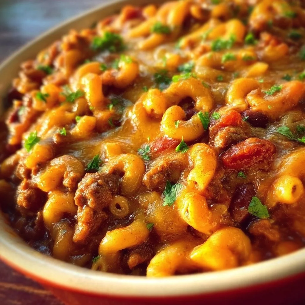 Delicious one pot chili macaroni prepared with spices and pasta.